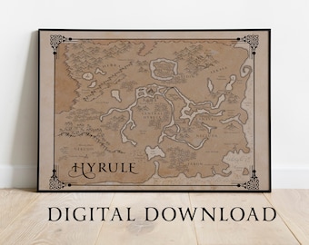 DIGITAL DOWNLOAD Zelda Breath of the Wild Hyrule Map, Vintage Paper Style