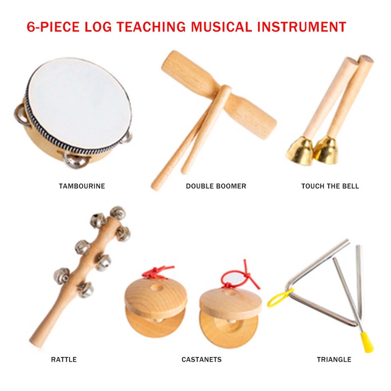 Orff Percussion Instruments, Children's Instrument Sets, Wooden Instruments, Tambourines, Touch Bells, Musical Toys, Gifts for Children 6PCS
