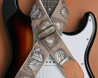 Brown Butterfly Guitar Strap, Thickened And Widened Folk Guitar Strap, Handmade Shoulder Straps, Embroidered Strap, Guitar Accessories