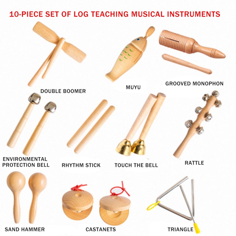 Orff Percussion Instruments, Children's Instrument Sets, Wooden Instruments, Tambourines, Touch Bells, Musical Toys, Gifts for Children 10PCS