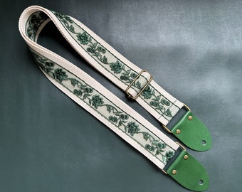 Green Floral Embroidered Guitar Strap, Vintage Handmade Guitar Strap, Fabric Guitar Strap, Guitar Anti-skid Strap, Acoustic Guitar Belt
