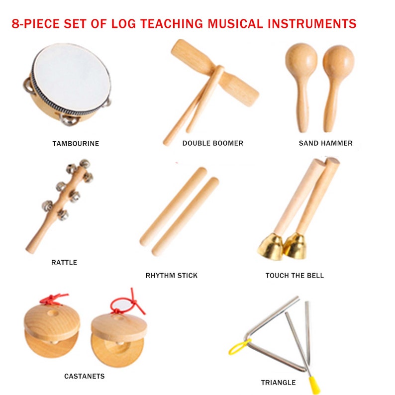 Orff Percussion Instruments, Children's Instrument Sets, Wooden Instruments, Tambourines, Touch Bells, Musical Toys, Gifts for Children 8PCS