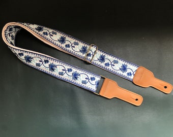 Blue And White Porcelain Embroidered Guitar Strap, Universal Acoustic Guitar Strap, Beautiful Handmade Electric Guitar Strap, Musician Gift