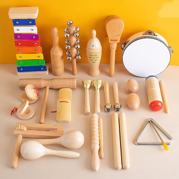 Wooden Percussion Instruments, Children's Touch Bell toys, Sand Hammer Tambourine Toys, Triangle Double Rattles Percussion Instrument