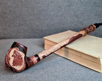 Handcrafted Pear Wood Churchwarden Pipe: Wolf Carving, 9mm Filter