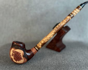 Pipa Churchwarden de madera de peral hecha a mano: talla de lobo, filtro de 9 mm