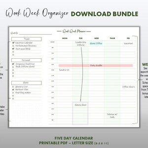 May include: A printable work week organizer planner in PDF format. The planner includes a weekly view, task list, and bullet points for notes. The planner is designed for letter size paper (8.5 x 11 inches).