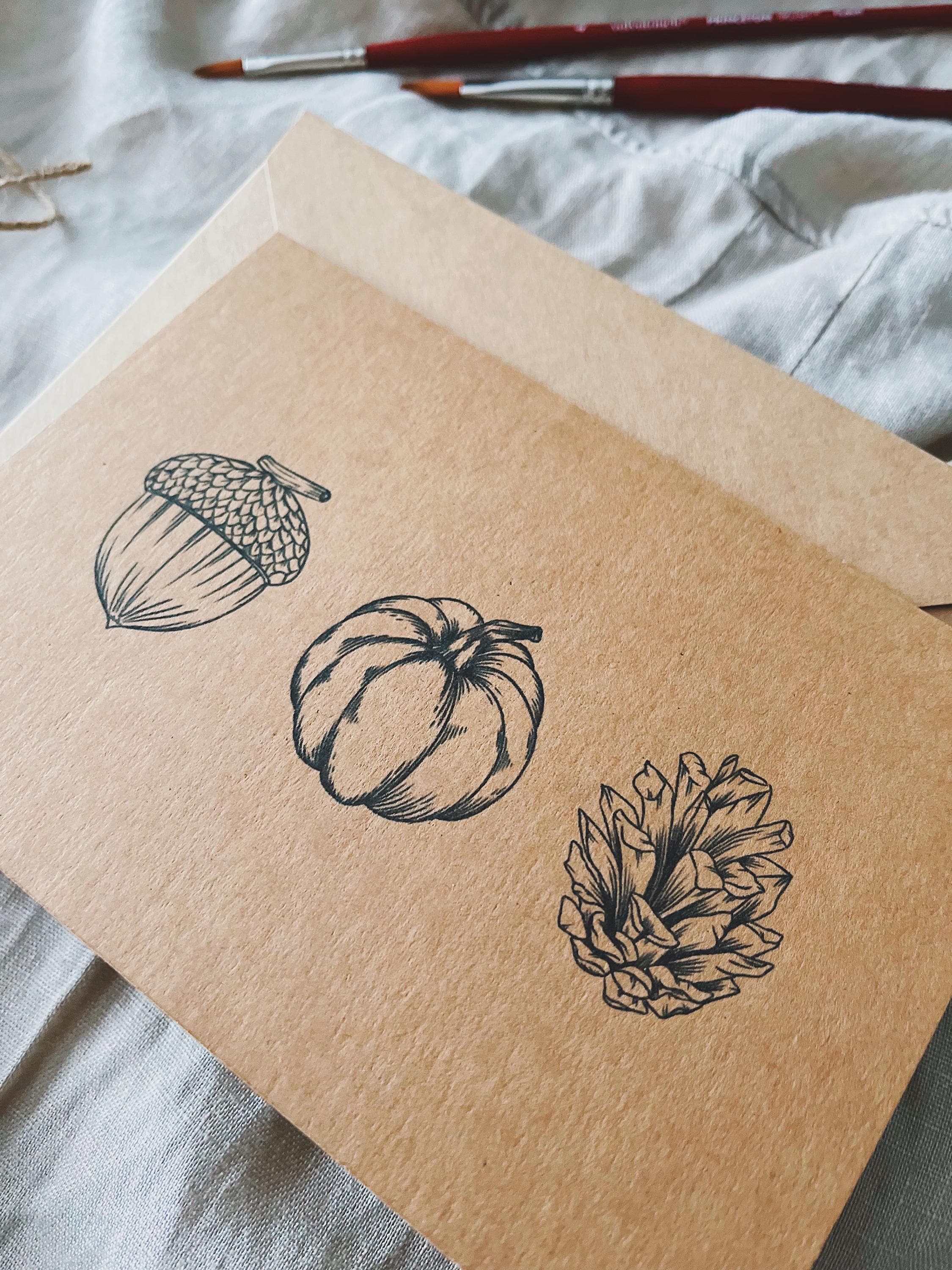 Autumn Ink Kraft Greeting Card | Handmade Fall Botanical Acorn, Pumpkin ...