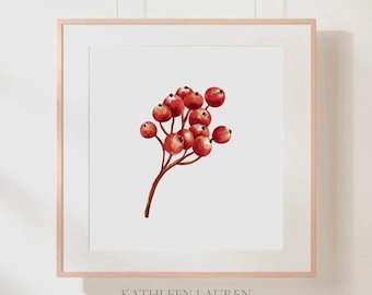 Watercolour Autumn Red Hawthorn Berries Giclée Art Print | Watercolor Fall Berry Painting