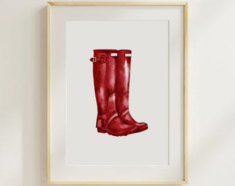 Botas de lluvia rojas en acuarela, impresión artística giclée / Pintura de jardinería de granja en acuarela