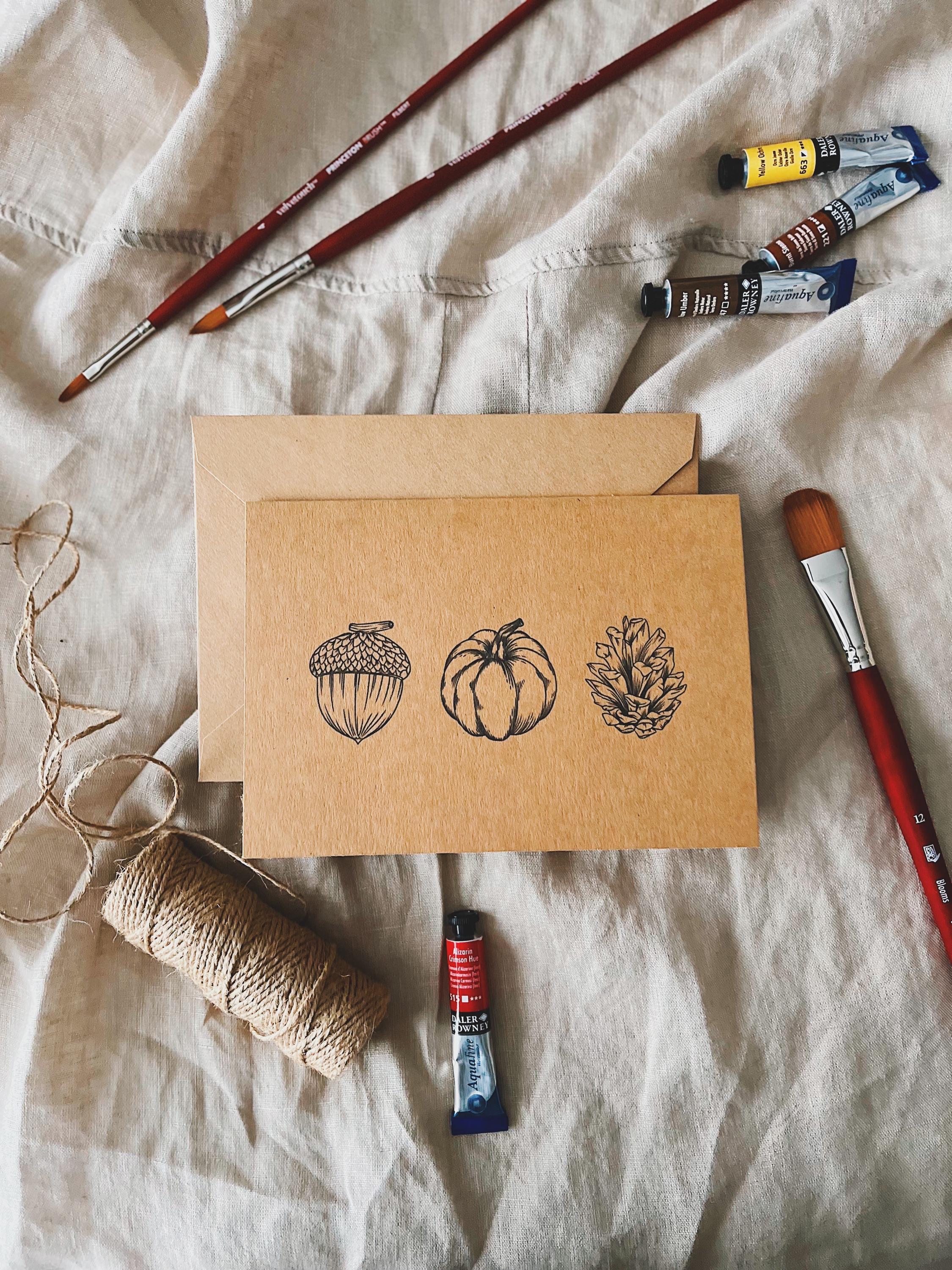 Autumn Ink Kraft Greeting Card | Handmade Fall Botanical Acorn, Pumpkin ...