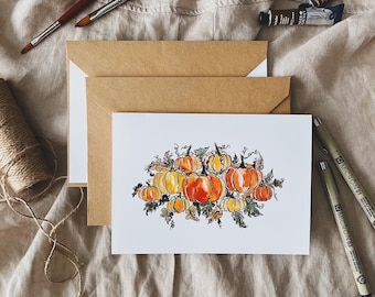 Cartão de felicitações de outono com aquarela e tema de plantação de abóboras | Cartão de Ação de Graças artesanal em aquarela com tema de outono