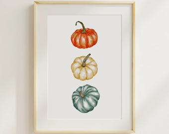 Watercolour Pumpkin Trio Giclée Art Print | Watercolor Blue, Cream + Orange Pumpkins Painting