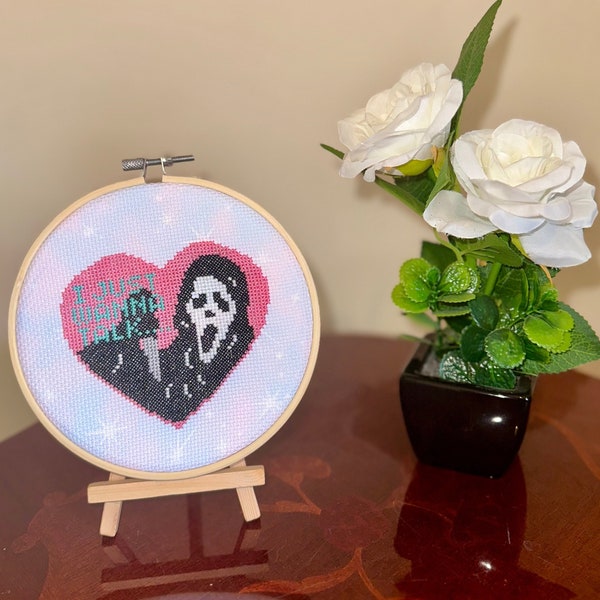 Ghostface heart completed cross stitch ‘I just wanna talk’ horror, halloween, movie