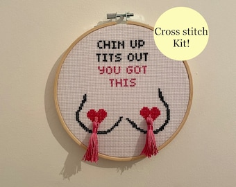 Pink tits and tassels cross stitch kit. Funny/rude/offensive.