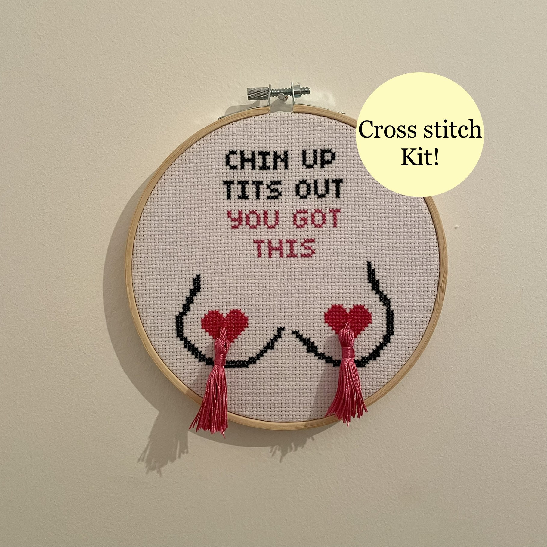 Pink tits and tassels cross stitch kit. Funny/rude/offensive. Etsy