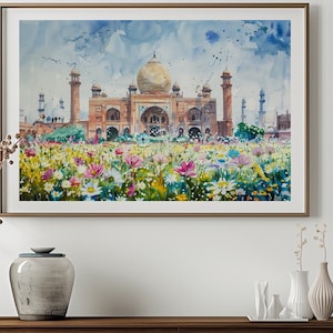 May include: A watercolor painting of a mosque with a golden dome and minarets, surrounded by a field of colorful flowers. The mosque is set against a blue sky with white clouds.