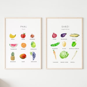 Set von 2 Urdu Hindi druckbare Poster, Urdu Hindi Wörter für Gemüse und Obst, Urdu Hindi Lernposter, Urdu Hindi druckbare für Kinder