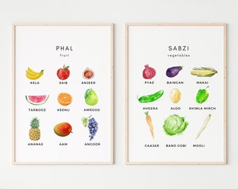 Set of 2 Urdu Hindi Printable Posters, Urdu Hindi Words for Vegetable and Fruit,  Urdu Hindi learning posters, Urdu Hindi printable for kids