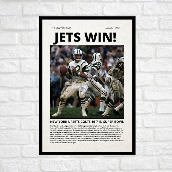 New York Jets Newspaper, Jets Super Bowl, Joe Namath, New York Jets Poster, Vintage NFL, Vintage Jets, New York, Super Bowl III, 1969