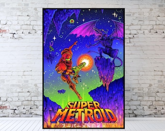 Cuadro 60x40 Gamer - Super Metroid - Poster Vintage Negro | Envío Gratis