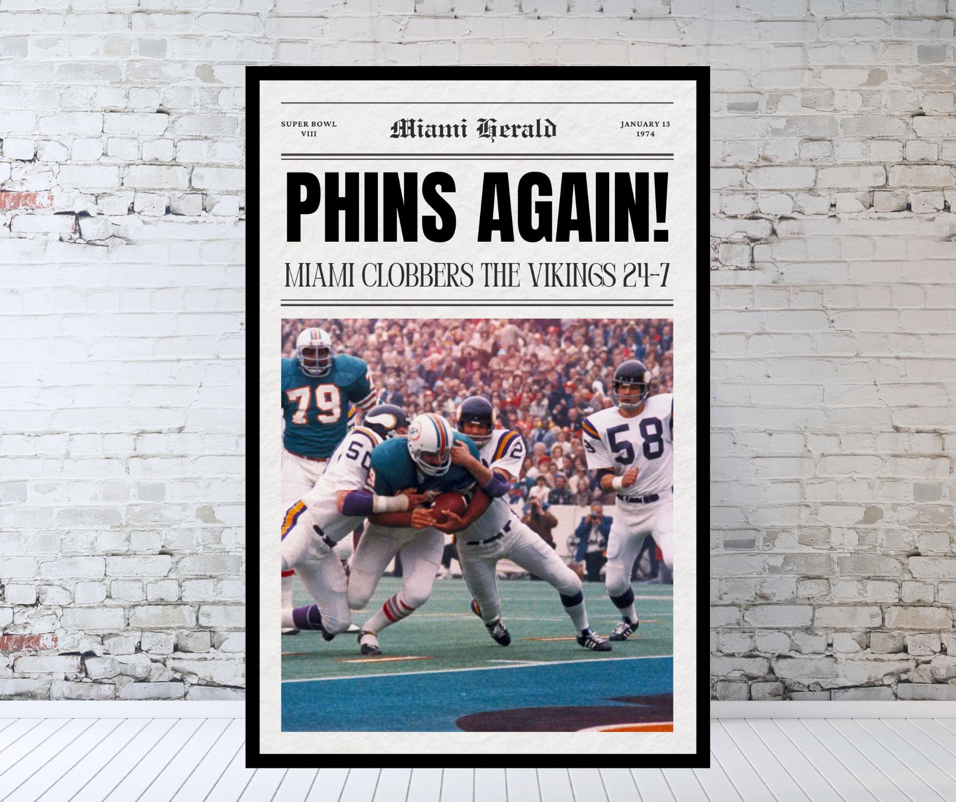 Miami Dolphins Newspaper, 1974 Super Bowl VIII Champions, Back-to
