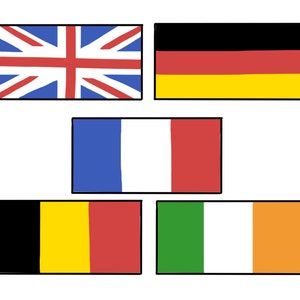 May include: Five flags representing different countries. The flags are drawn in a cartoon style. The flags are from top to bottom, left to right: United Kingdom, Germany, France, Belgium, and Ireland.