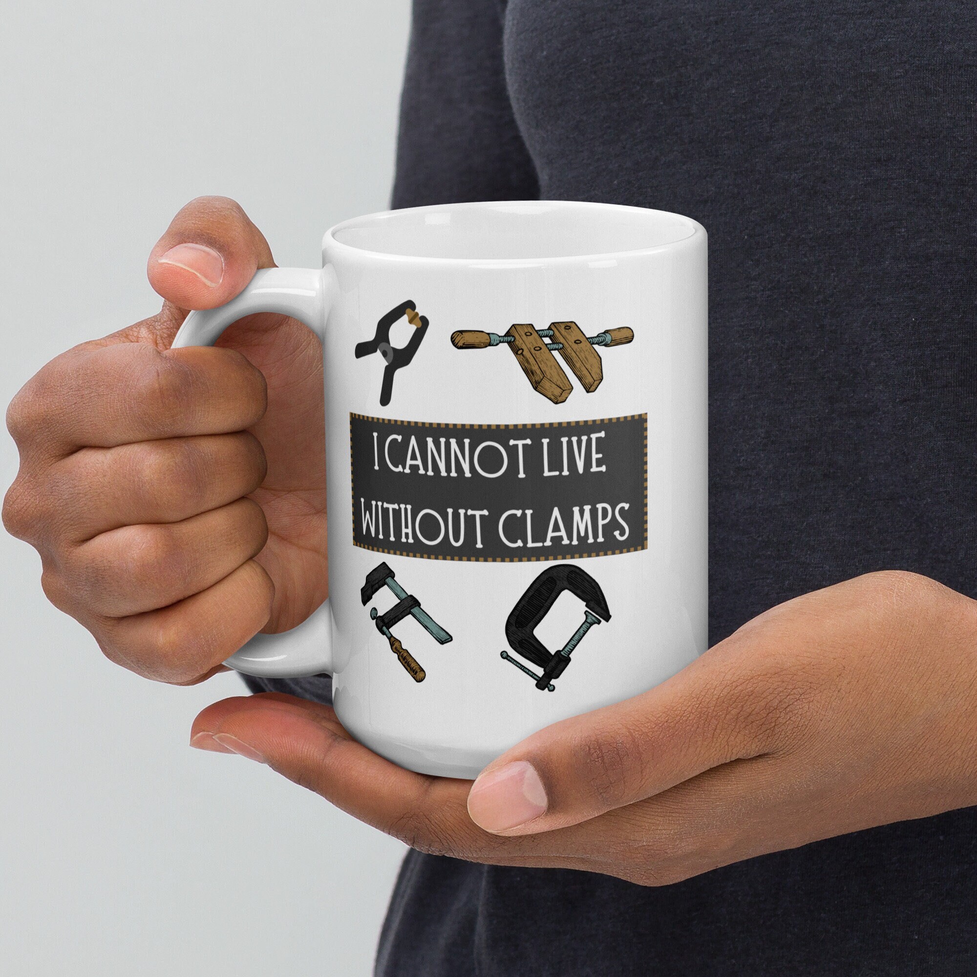 Tazza "Non posso vivere senza morsetti", divertente regalo per falegnami, tuttofare, falegname, citazione umoristica di Thomas Jefferson per la festa