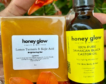 Lemon Turmeric Kojic Soap & Orangic Jamaican Black Castor Oil Bundle, Glow Bar, Glow Oil, Glow Bundle, Organic and Natural Ingredients