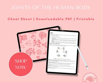 Cheat Sheet on Joints of the Human Body // PDF Download, A4 Sheet, Psychology, Physio, Doctor, Medical Student, Biology, MSK, Human Anatomy