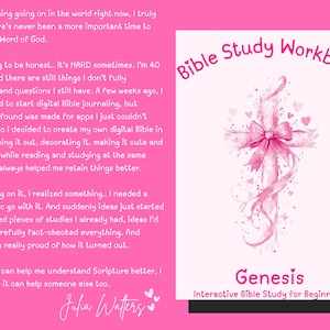 May include: A pink Bible Study Workbook titled "Genesis" with a watercolour cross and bow design. The cover includes the text "Interactive Bible Study for Beginners". The image also contains text from the author.