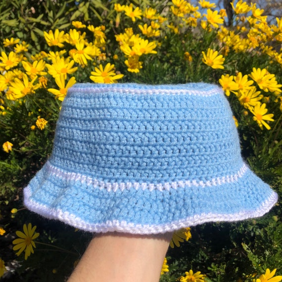 Blue and white crochet/knit bucket hat Etsy