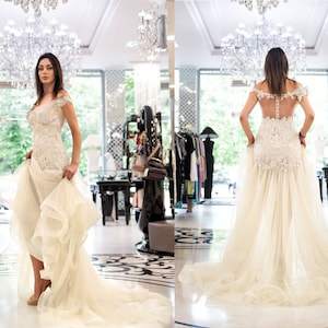 Ivory Wedding Dress - Off-the-Shoulder With Train - Custom Made bridal gowns