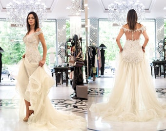 Ivory Wedding Dress - Off-the-Shoulder With Train - Custom Made bridal gowns