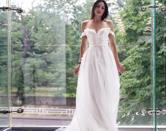 Boho Corset Wedding Dress, Off The Shoulder Bridal Gown With Train