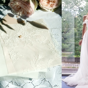 Fabric swatches, material samples for wedding dress