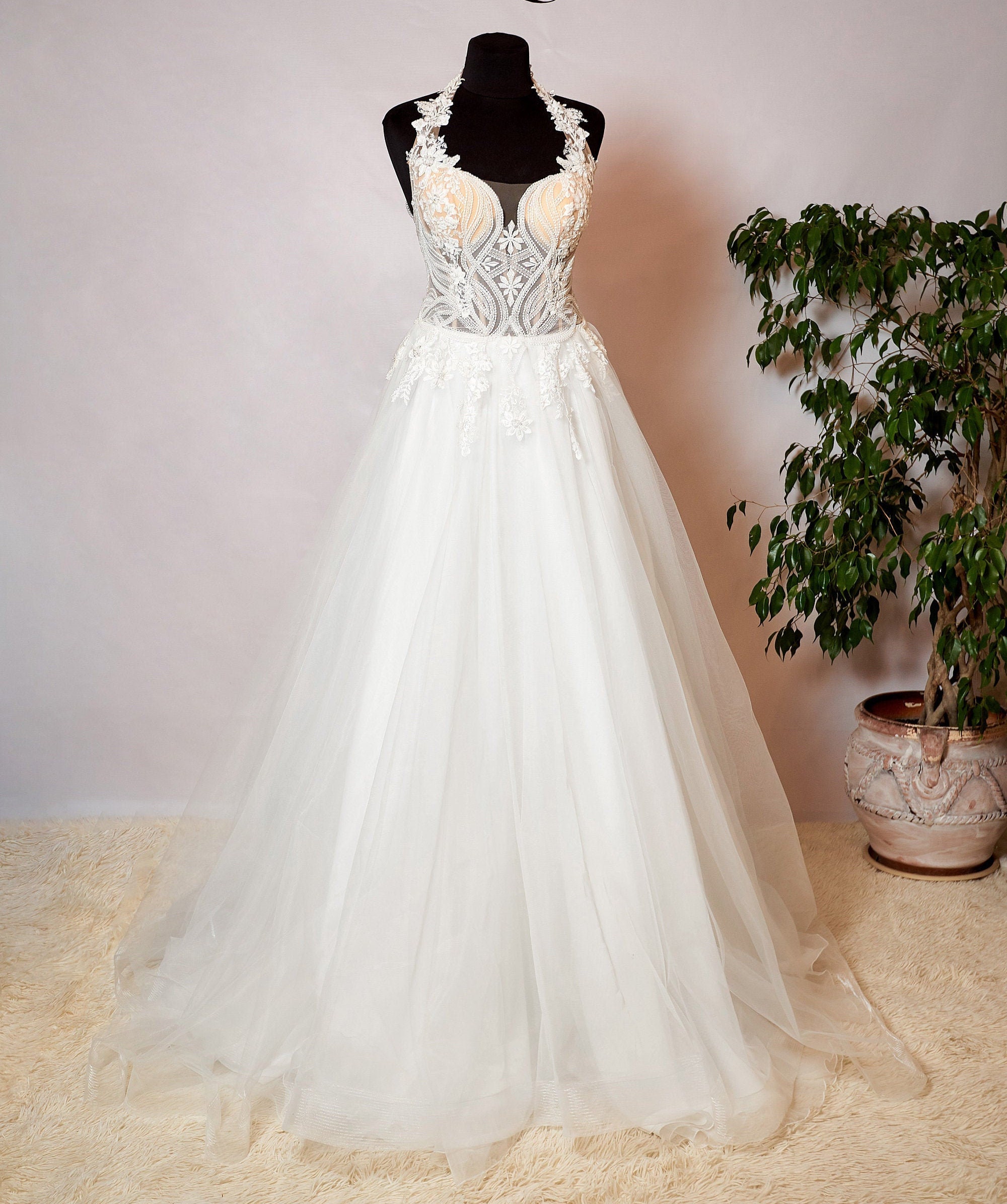 Open Back Corset Wedding Dress, Pearl Beaded Illusion Tulle A-line ...