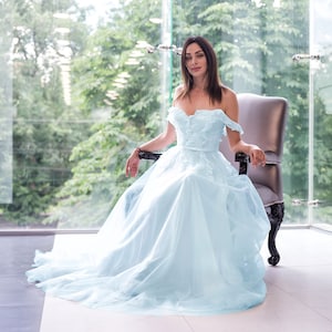 Blue Corset Wedding Dress, Minimalist Blue Wedding Dress