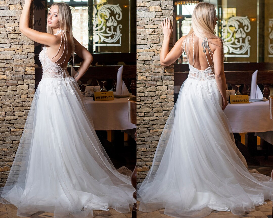 Open Back Corset Wedding Dress, Pearl Beaded Illusion Tulle A-line ...