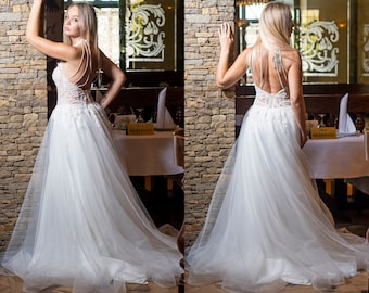 Open Back Corset Wedding Dress, Pearl Beaded Illusion Tulle A-line Bridal Gown