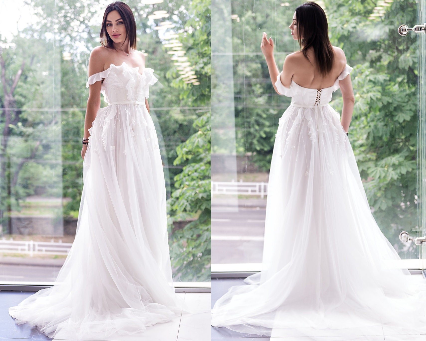 White Off-the-Shoulder Chiffon Long Sleeves Long Wedding Dress main image 1