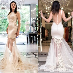 Gold wedding dress, illusion back satin bridal gown