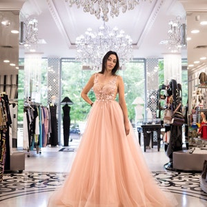 Fairy tulle evening dress - Unique prom party dress with 3D lace appliques and beadings