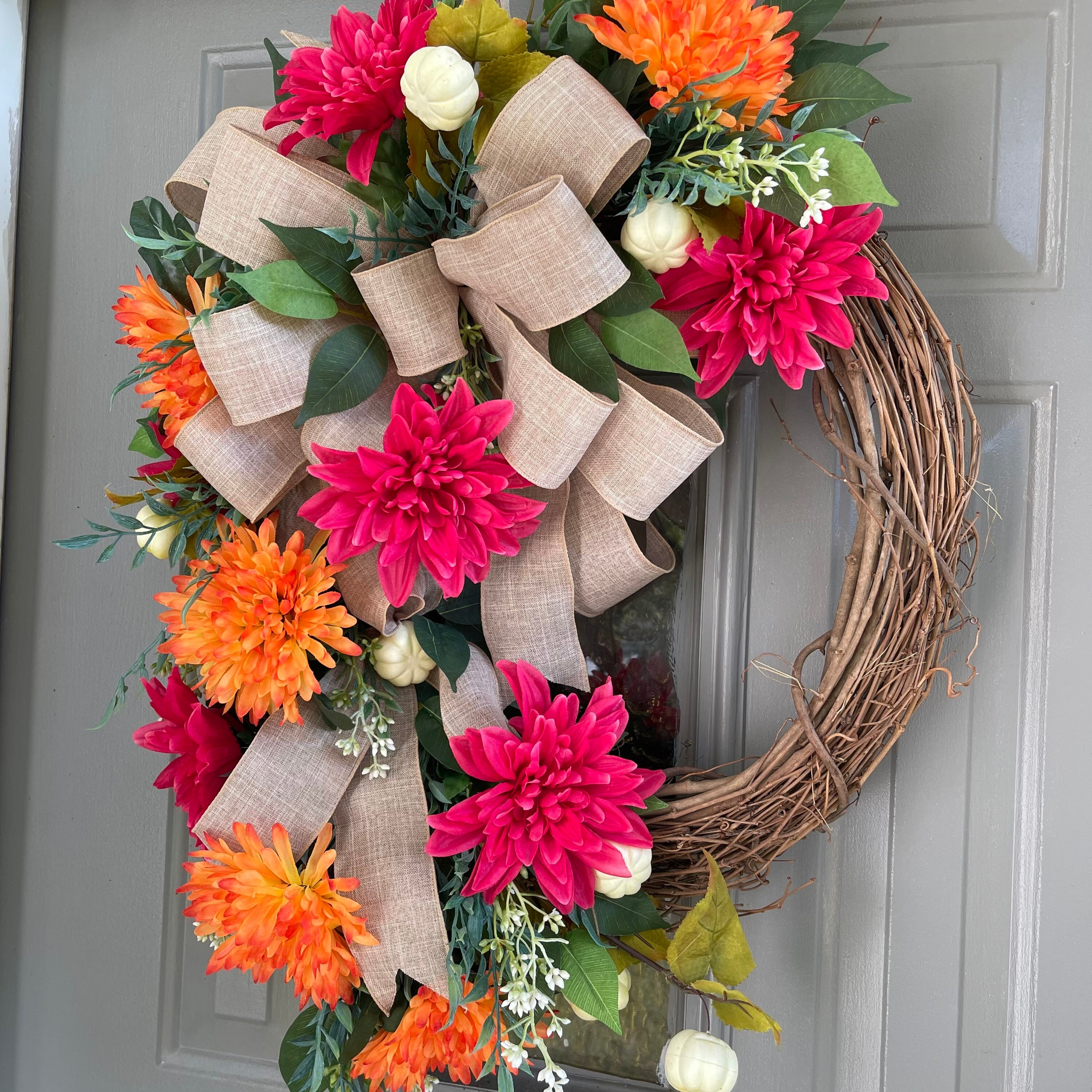 Pink and Orange Fall Wreath, Pumpkin Wreath for Front Door, Pink Autumn ...