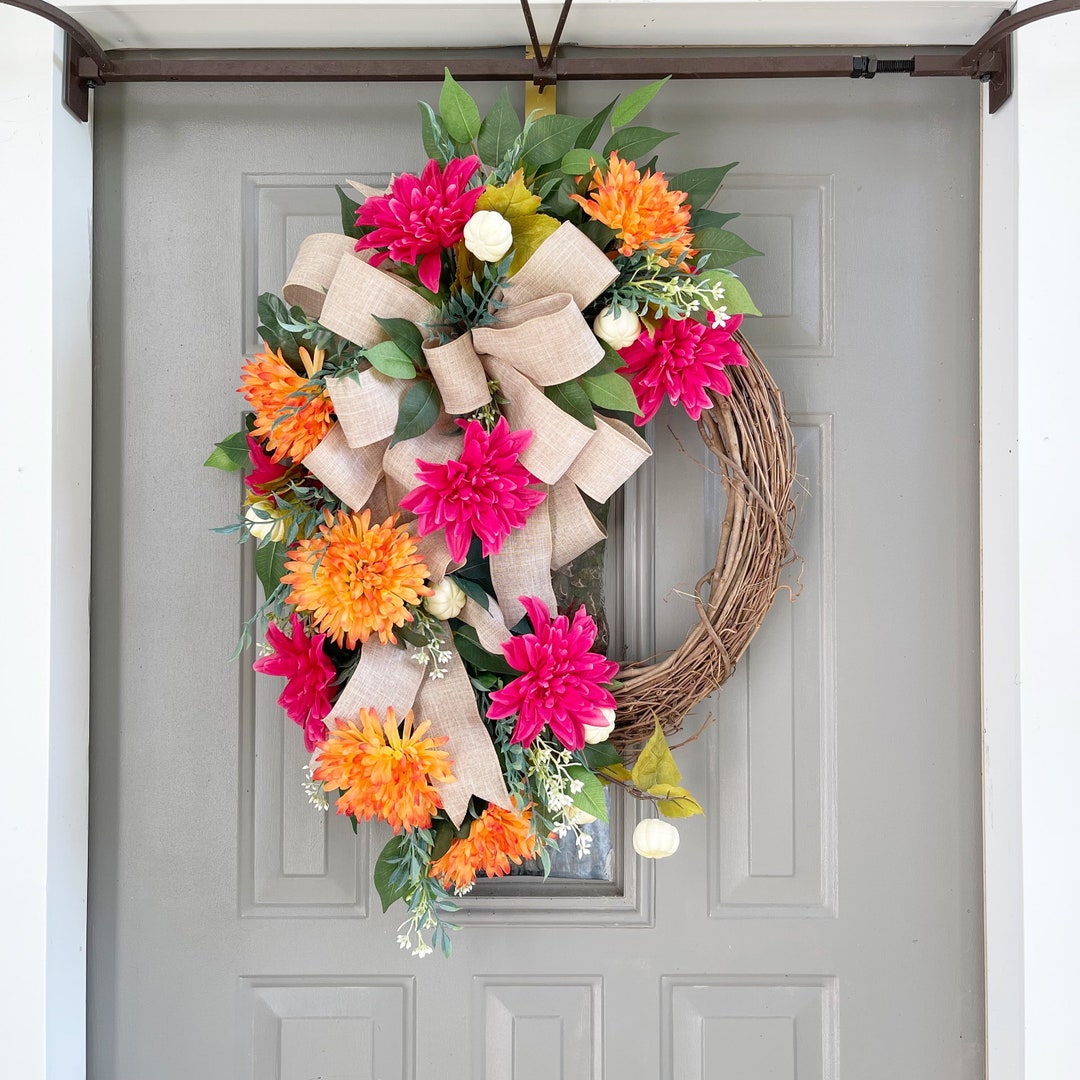 Pink and Orange Fall Wreath, Pumpkin Wreath for Front Door, Pink Autumn ...