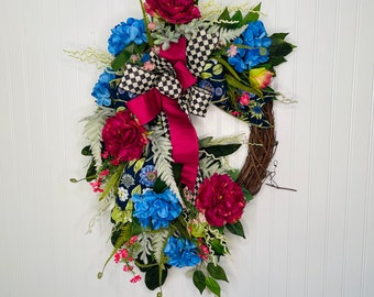 Pink spring wreath, Summer wreath for front door, blue and pink wreath, everyday porch decor