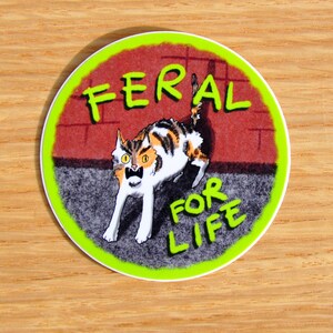 May include: A round sticker with a green border and a red brick background. A cartoon cat with green eyes and a white chest is in the center of the sticker. The text "FERAL FOR LIFE" is written in green on the sticker.