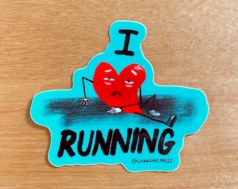May include: A turquoise blue sticker with a red heart-shaped character with eyes and a mouth. The character is lying down with its arms and legs outstretched. The text "I ♥ RUNNING" is written in black letters on the sticker. The text "@SNOWDAY.PRESS" is written in smaller black letters at the bottom of the sticker.