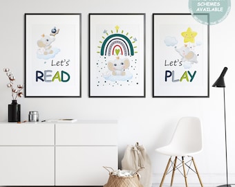 Rainbow Print Set of 3 Downloads, Toddler Room Decor for Girl or Boy, Kids Reading Quote, Elephant Rainbow Poster, Toddler Playroom Wall Art