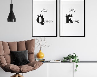 Her King His Queen Printable Art, Set of 2 Art Prints, Love Printable, Bedroom Prints, Couples Wall Art, Bedroom Quotes, Above Bed Prints